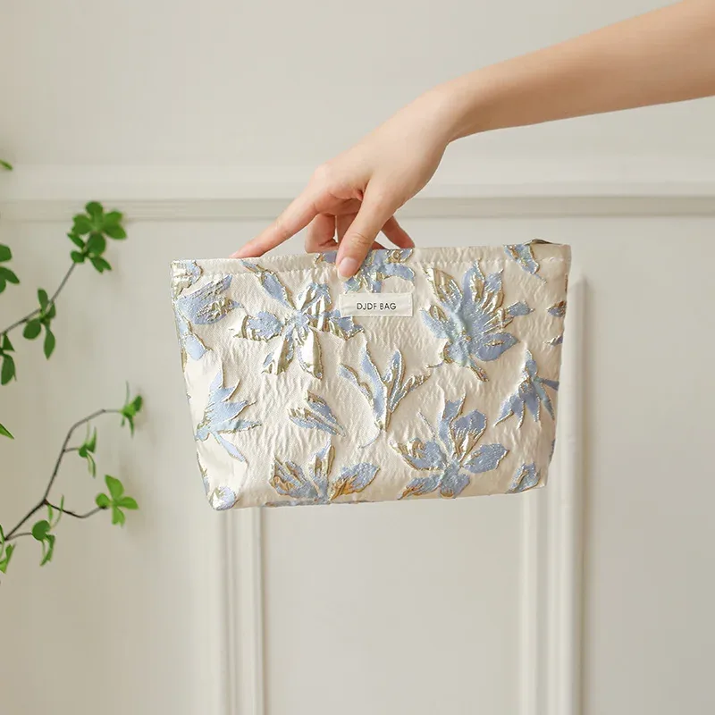 trousse toilette polyester floral fleur rose vert violet blanc motif géométrique marguerites bleu jaune voyage grande capacité