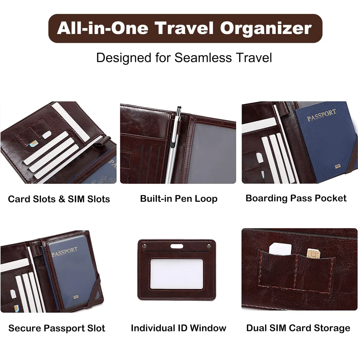 porte-passeport en cuir pour homme et femme, avec blocage rfid, portefeuille de voyage, étui pour passeport avec porte-stylo, emplacements pour deux cartes sim