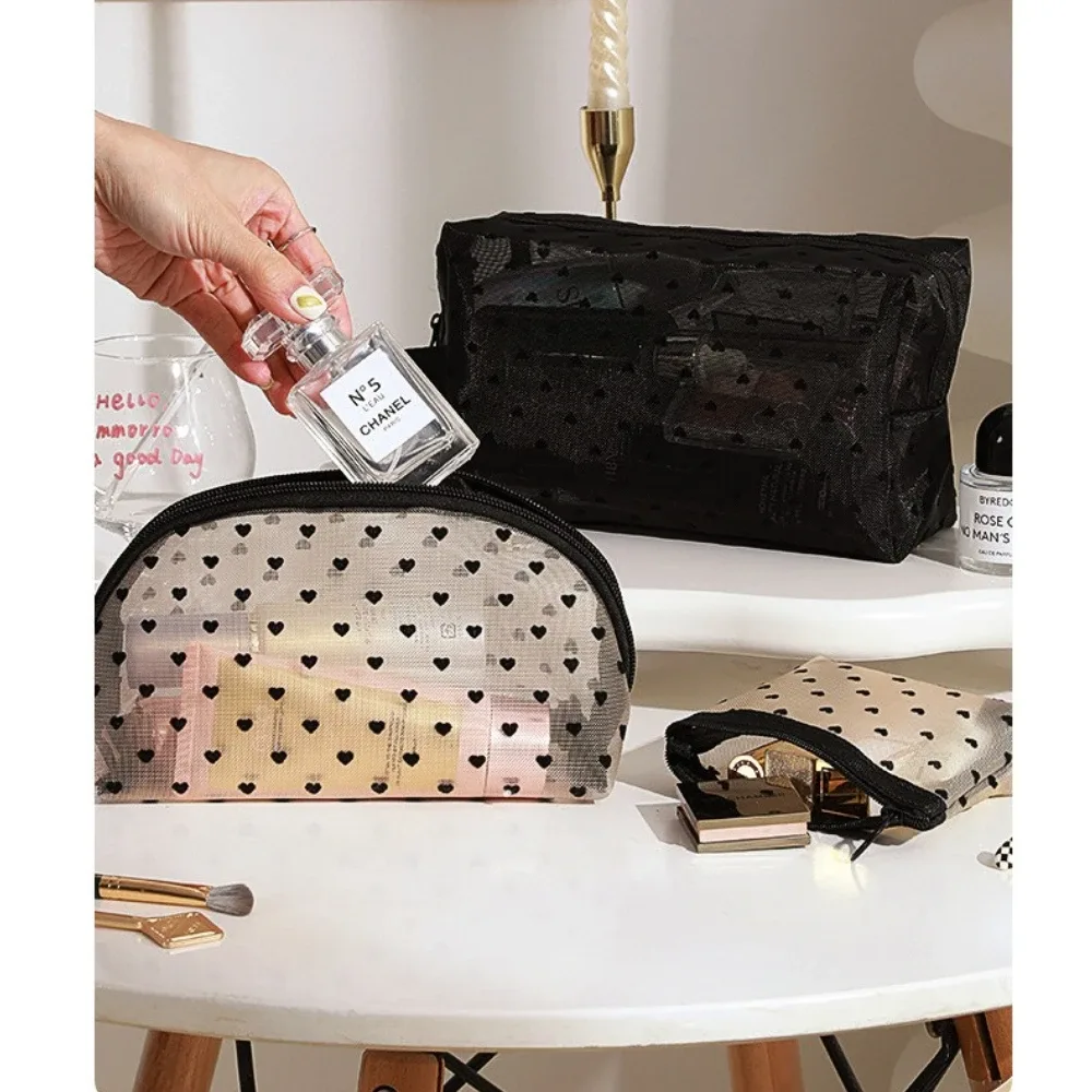 pochette de maquillage en forme de cœur, sac cosmétique en maille transparente, pochette de rangement multifonction portable, trousse de toilette de voyage, sacs à rouge à lèvres à fermeture éclair