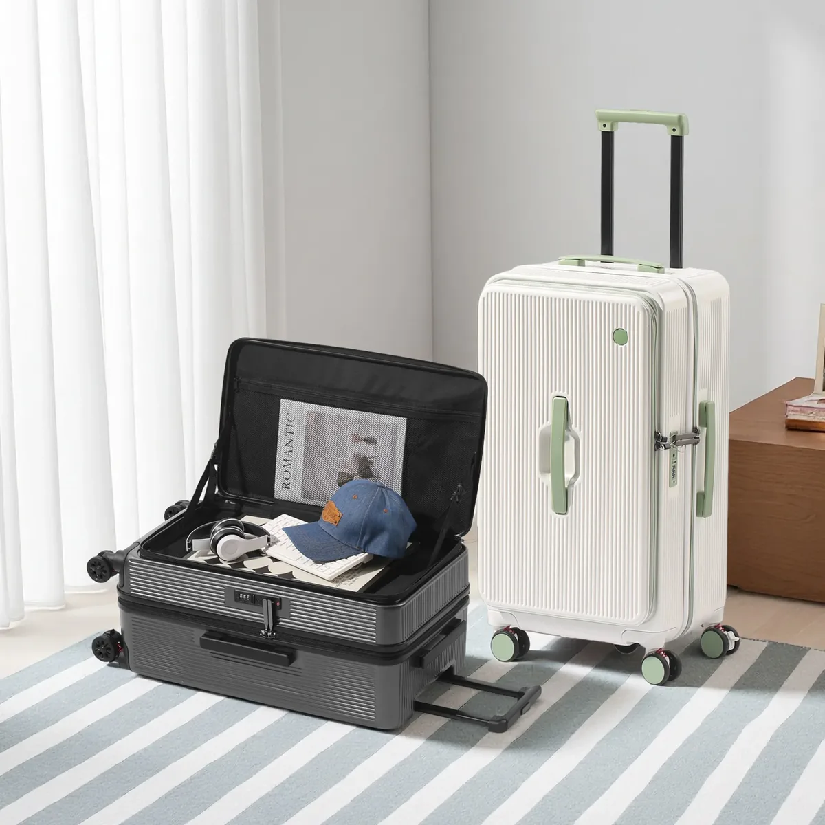 valise premium pure pc à double ouverture 20/25/29 pouces avec serrure tsa, compartiment de rangement 1:9/3:7, valise de voyage à 4/5 roues pivotantes pour toutes les voyages