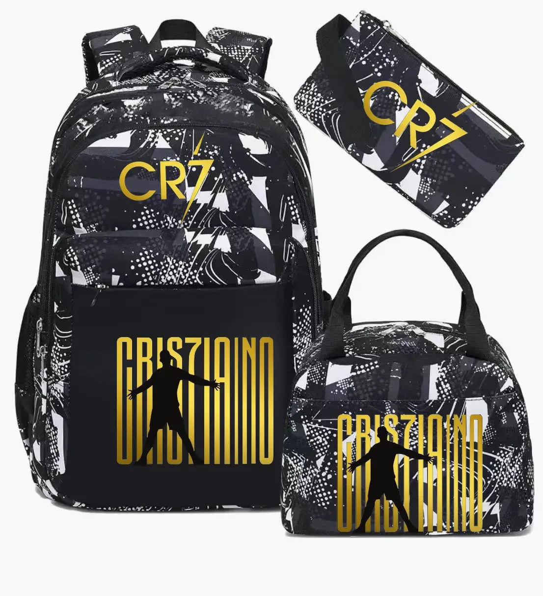 sac polyestere noir motif graphique sac dos pochette lunch cr7 cristiano voyage école adolescents femmes hommes