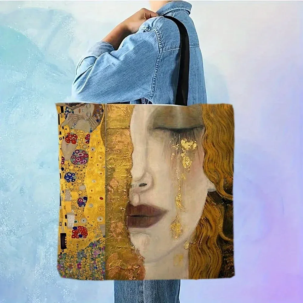 sac fourre-tout artistique baiser peinture à l'huile dorée abstraite grande capacité sac à bandoulière décontracté réutilisable sac à main de personnage de mode 1 pièce