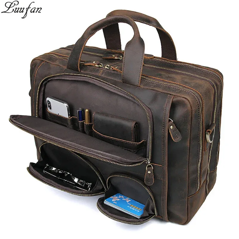sac d'affaires en cuir véritable pour homme, étui à bombes multifonction, sac de voyage pour homme, fourre-tout vintage, grand sac initié, cheval élan, ordinateur portable 17"