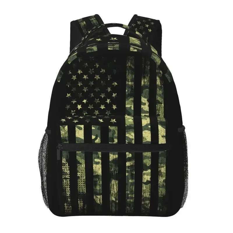 Sac Dos Toile Polyester Noir Motif Américain Rayures Bleu Rouge Vert Format Rectangulaire Poignées Latérales Fermeture Glissière Usage Voyage École Week-end Vacances