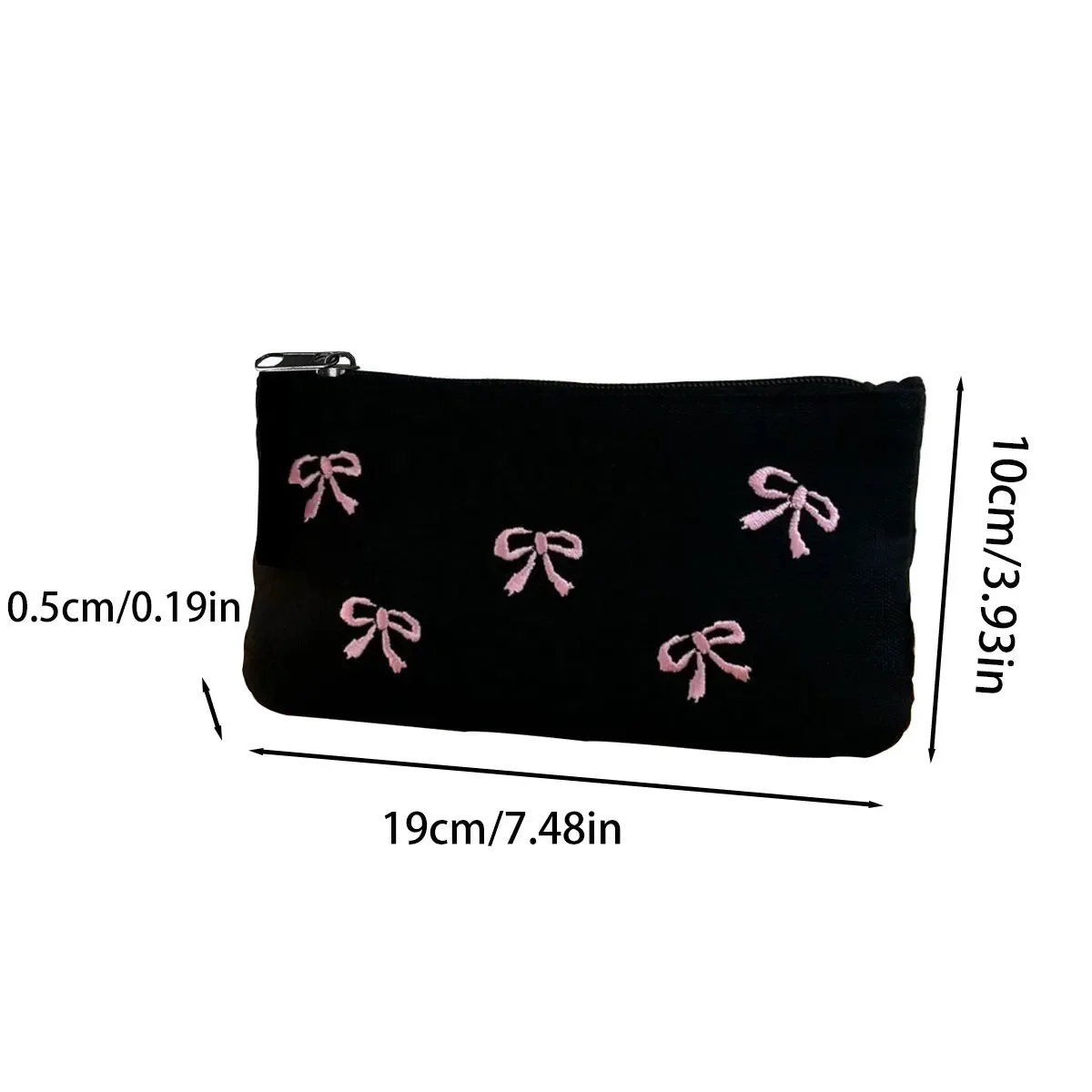 pochette à stylos noire brodée avec nœud, sac de rangement cosmétique au design élégant, sac à cosmétiques simple style ins, 1 pièce (direction de fermeture éclair aléatoire)