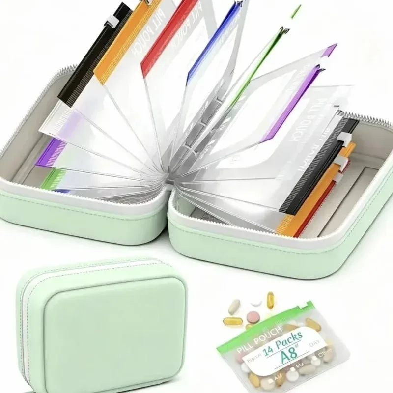 organisateur voyage pilules pochettes transparents bandes couleur assortie boîte vert pastel fermeture glissière noire imperméable
