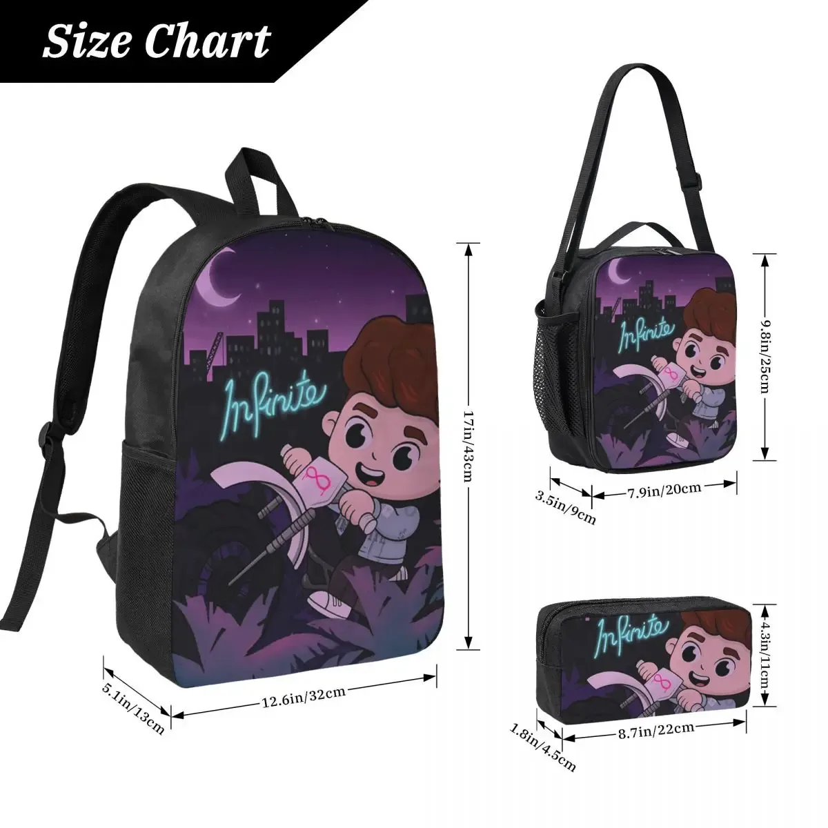 sac dos polyester violet motif nuit urbaine personnage carte bourse déjeuner trousse crayons voyage étudiant unisexe