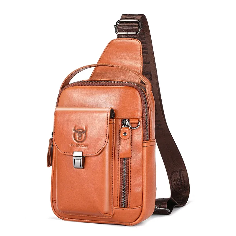 bullcaptain sac de poitrine en cuir véritable pour hommes décontracté rétro 7.9 pouces sac pour téléphone portable multifonctionnel antivol sac à bandoulière