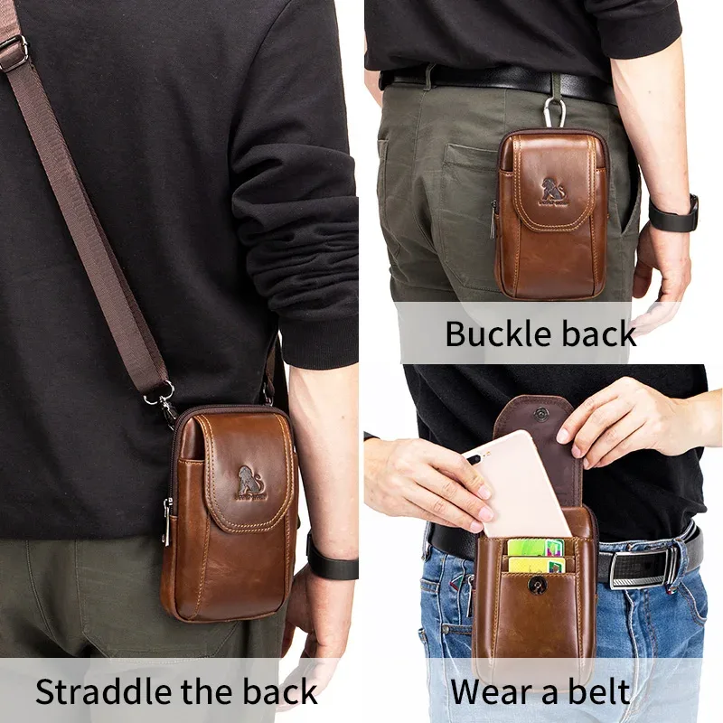 sac banane en cuir véritable authentique pour homme, style usé avec crochets, sacoche pour téléphone