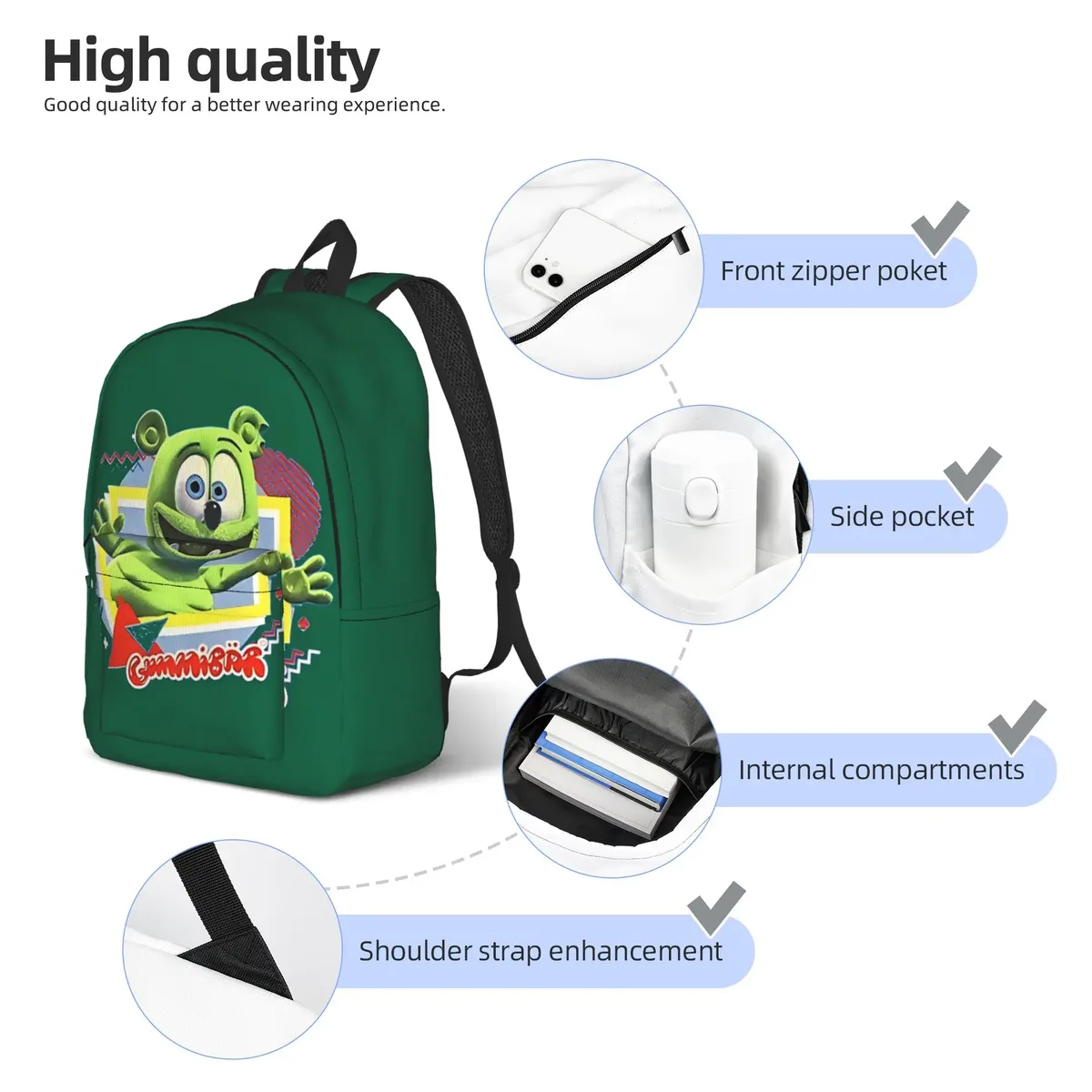 sac à dos tendance pour étudiants, motif oursons gélifiés fruités, idéal pour la rentrée scolaire