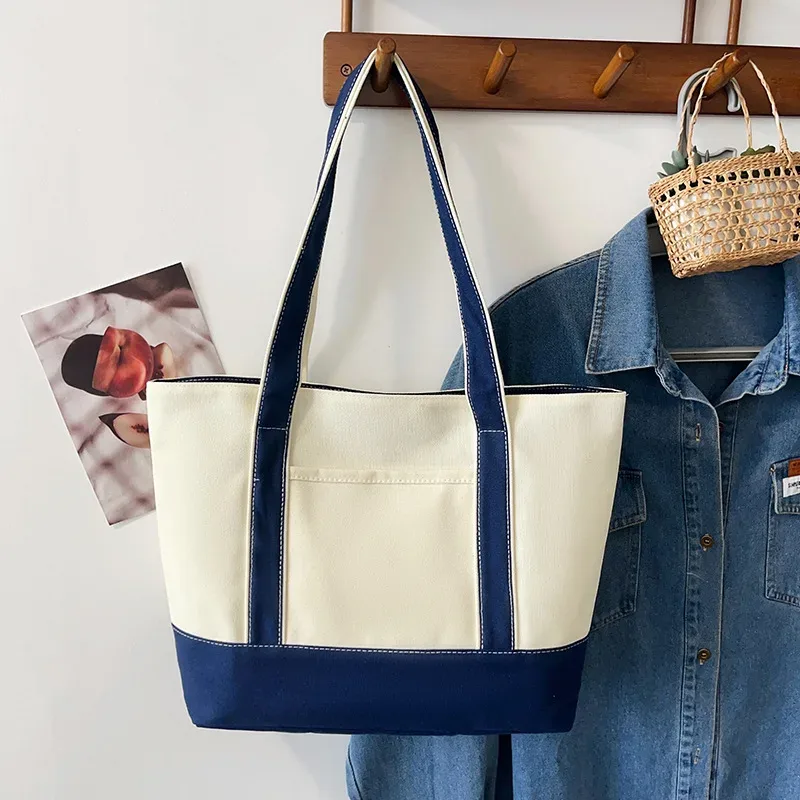 sac à bandoulière en toile personnalisable avec nom, poche avant color block, grand sac fourre-tout décontracté réutilisable pour femme, plage, shopping quotidien