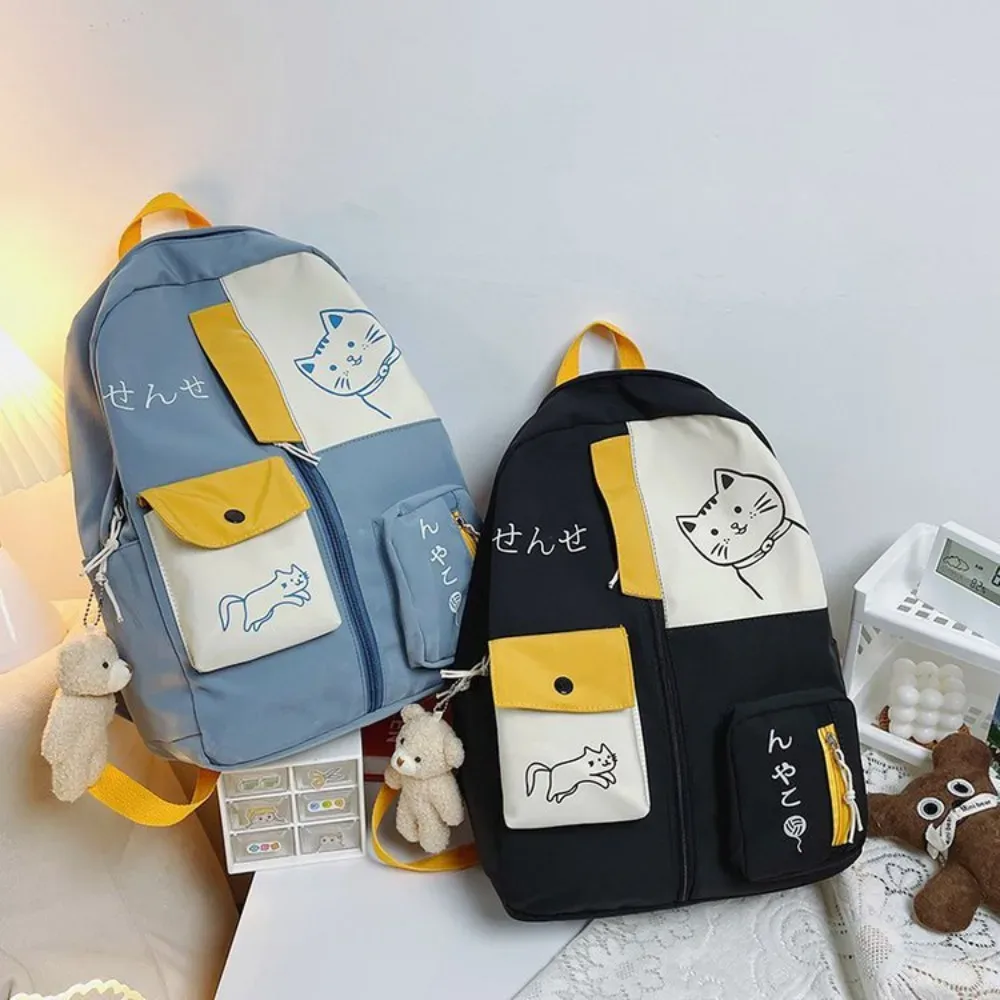 sac à dos chat de dessin animé mignon pour femme, sac à dos de voyage en nylon imperméable, cartable de grande capacité pour étudiants