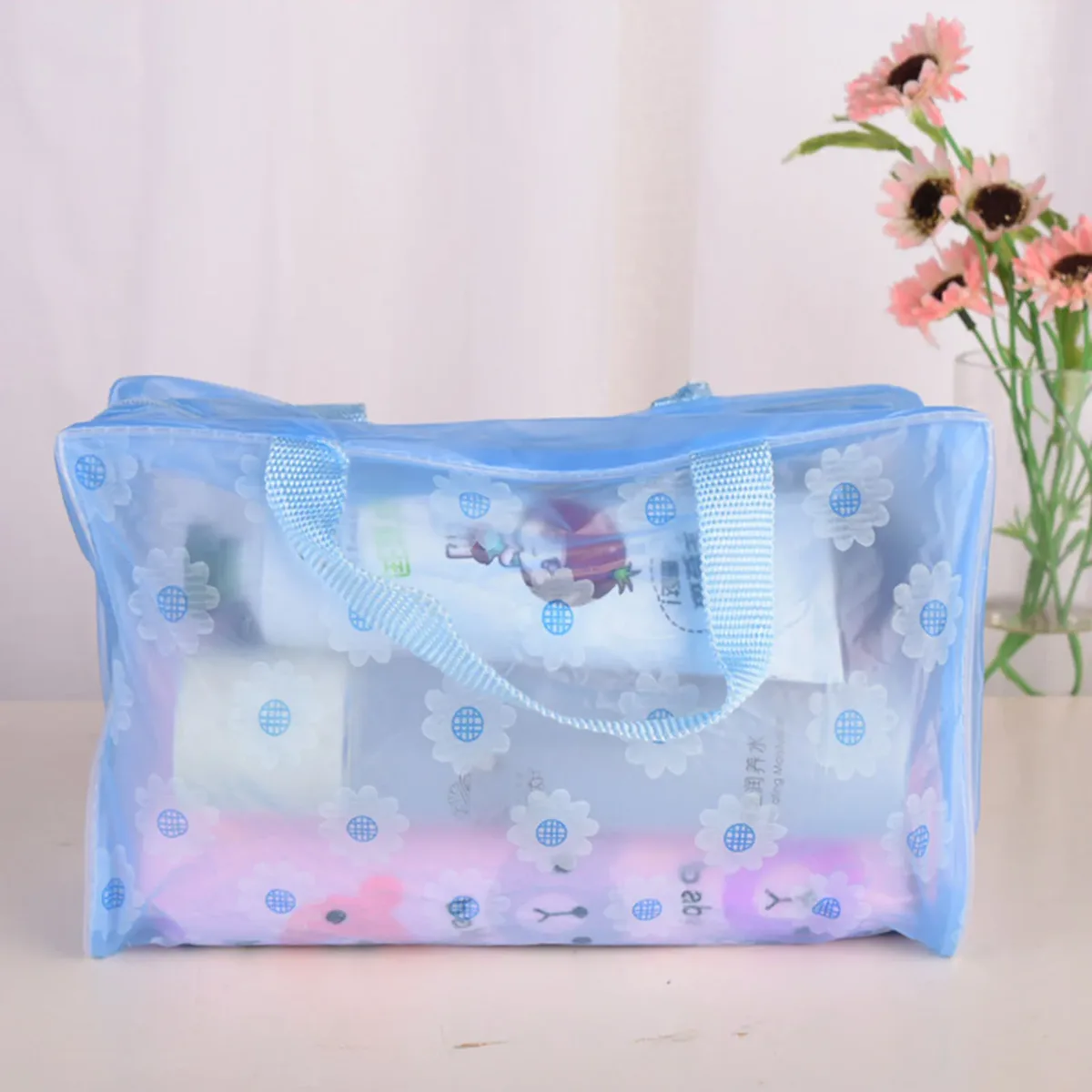 sac à cosmétiques transparent à fleurs imperméable, organisateur de toilette de voyage, pochette de rangement de maquillage en pvc avec poignée pour femmes 20x9x16cm