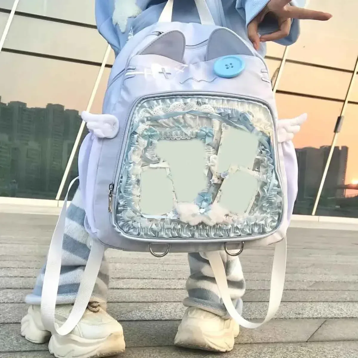 sac à dos chat mignon pour femme, sac ita transparent, sacs à dos esthétiques féminins, nylon, style japonais, mode décontractée, grande capacité