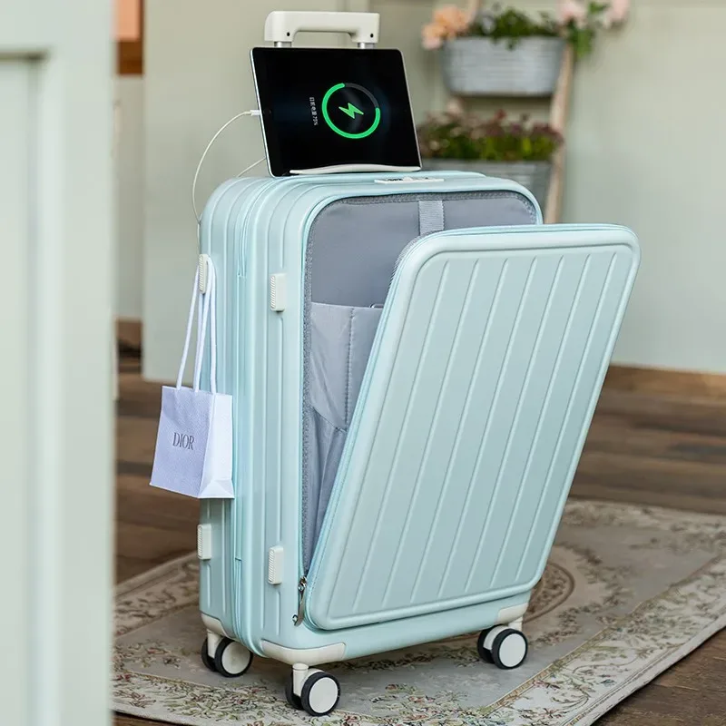 valise de voyage multifonctionnelle avec porte-gobelet, couverture ouverte avant, valise à roulettes, boîte d'embarquement, 20 ", 22", 24 ", 26"