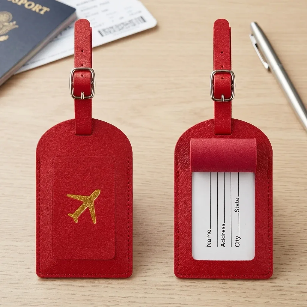 étiquette bagage cuir rouge doré avion nom adresse voyage affaires vacances lot pièce identification valise