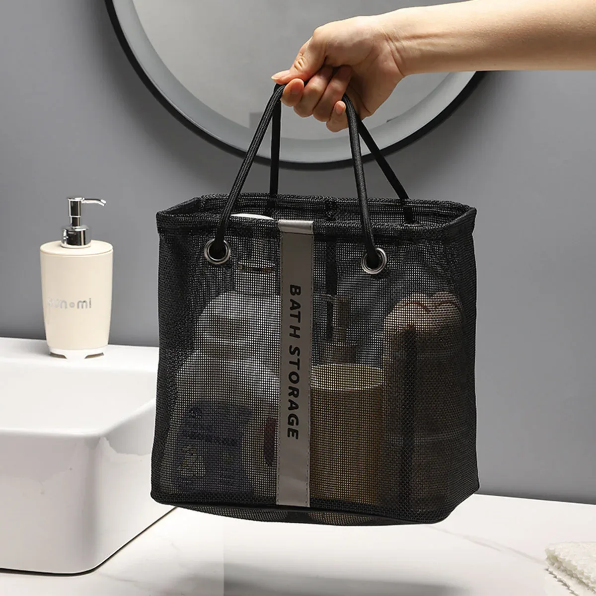 sac de toilette portable en maille avec poignée, séchage rapide, grande capacité, pour salle de bain, douche, voyage, maquillage, sac à main organisateur, panier