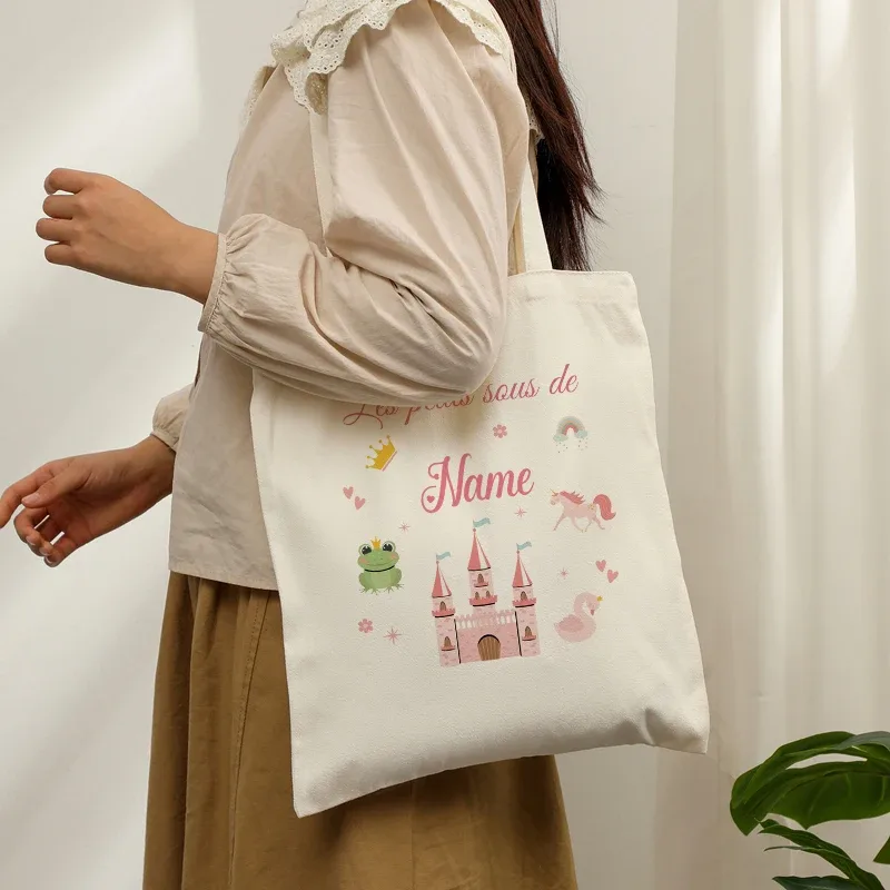 sacs fourre-tout en toile personnalisables avec nom, motifs de princesse sirène, sac de voyage pour amis, anniversaire d'enfants, noël
