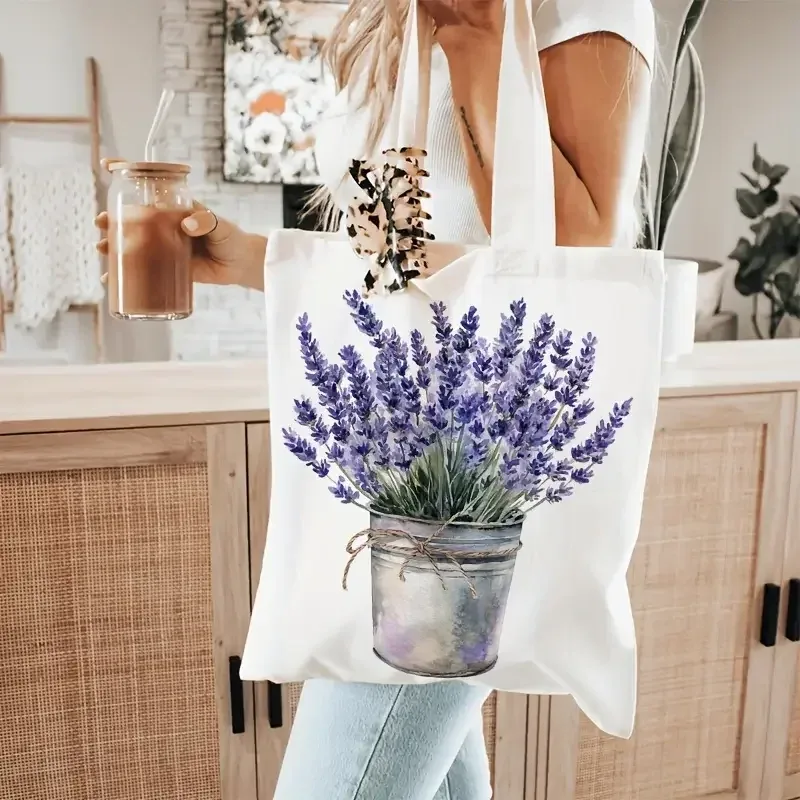 sac fourre-tout en toile beige à motifs floraux, imprimé botanique lavande et camomille, grand sac à bandoulière pour les amateurs de jardinage et de plage