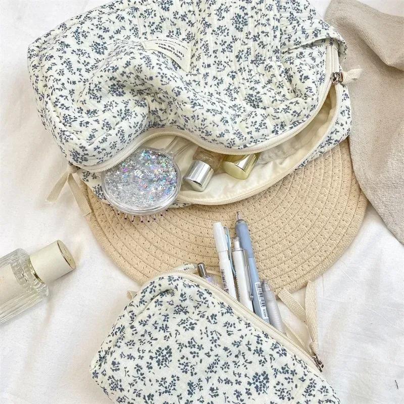 sacs de rangement de rouge à lèvres de grande capacité bleu fleur, trousse de maquillage de banlieue, trousse de toilette de voyage, trousse à cosmétiques pratique pour femmes