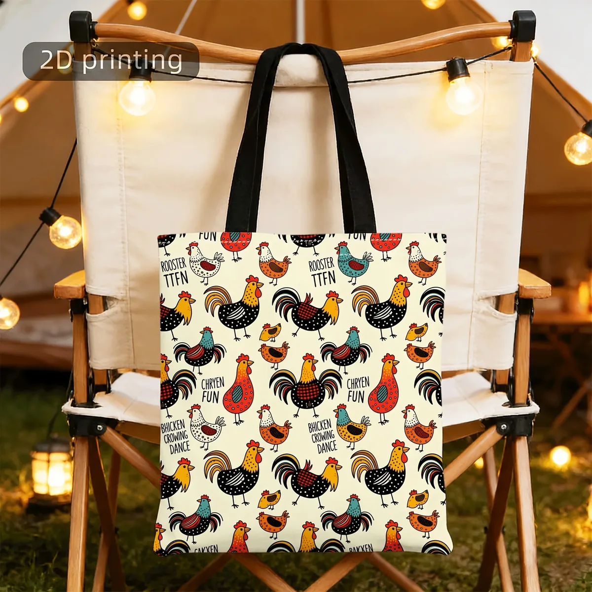 sac fourre-tout en toile esthétique avec motif d'animaux de la ferme, coq, poule et poussin colorés imprimés sur toute la surface, sac à main réutilisable pour femmes.