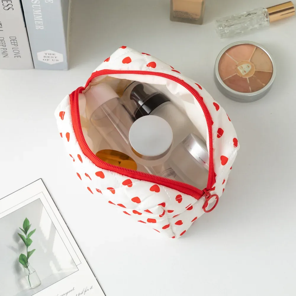 sac à pinceaux de maquillage à motif cœur mignon, pochette cosmétique en coton avec cordon de serrage pour femmes, organiseur de rangement pour articles de toilette de voyage, cadeau