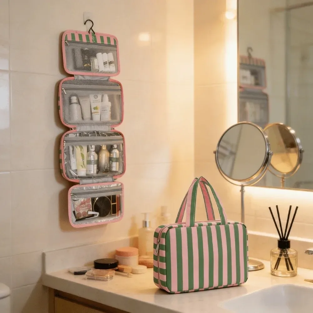 trousse de toilette de voyage suspendue portable rayée avec crochet, sac de maquillage pliable 4 volets grande capacité, organisateur cosmétique de voyage