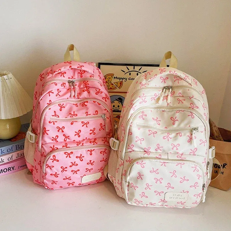 sac à dos tendance coréen pour femmes, imprimé nœud, léger, simple, pour étudiants, sac d'école, sangle réglable, sac à dos de voyage, 3 pièces/ensemble