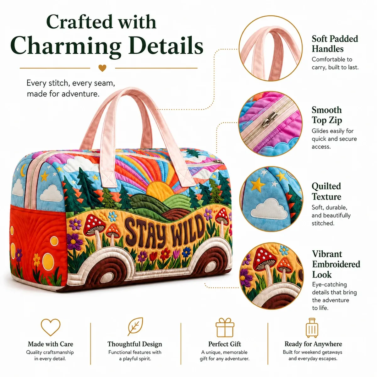 sac de voyage bohème de style camping rétro, sac de voyage de grande capacité avec motifs champignons et floraux, sac de nuit mignon style soleil et arc-en-ciel, sac fourre-tout léger pour le sport et la gym, adapté aux sports, aux vacances et aux occasions de cadeaux