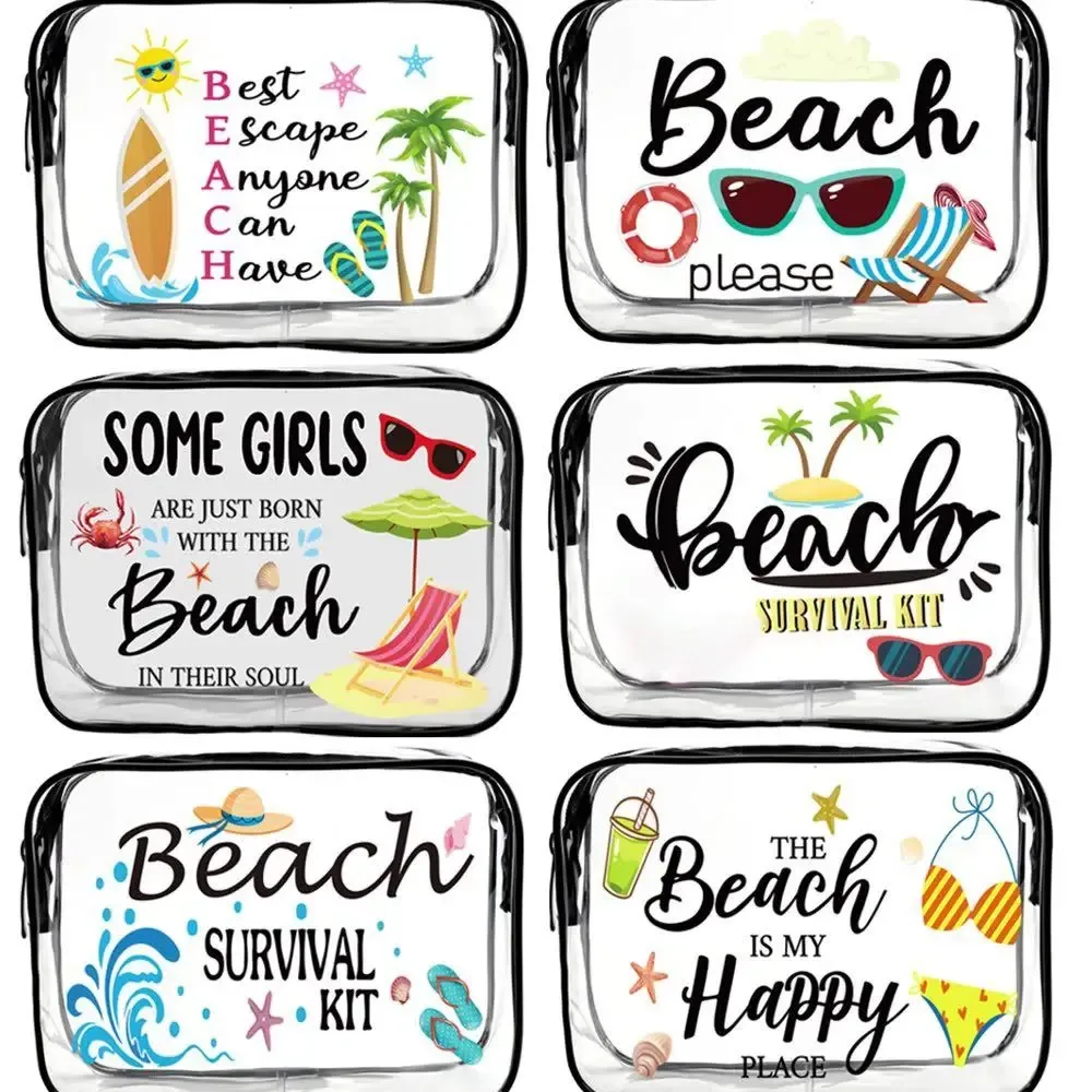 sac de maquillage tendance de grande capacité, sac à cosmétiques visible sur le thème de la plage, sac de rangement portable multifonctionnel pour femmes