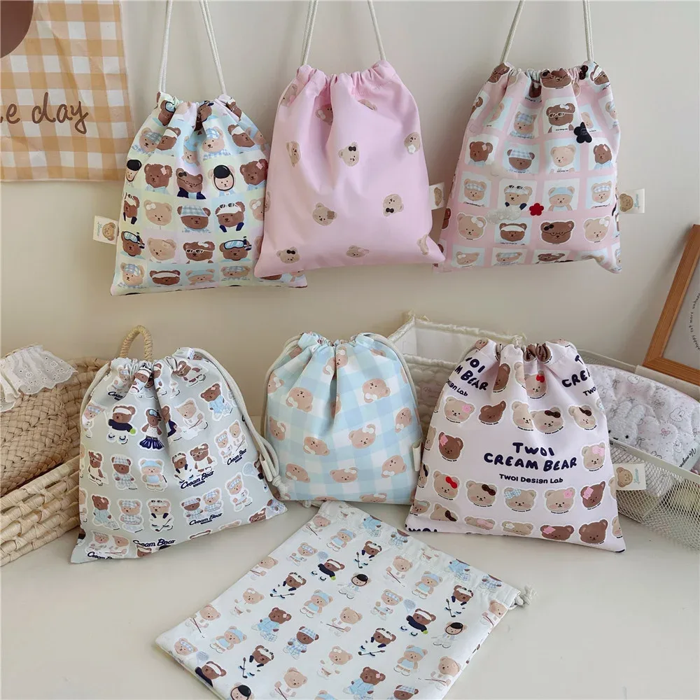 Sac de rangement grande capacité motif ours de dessin animé, organisateur de voyage, sac organisateur en tissu imperméable fait main, pochette à cordon