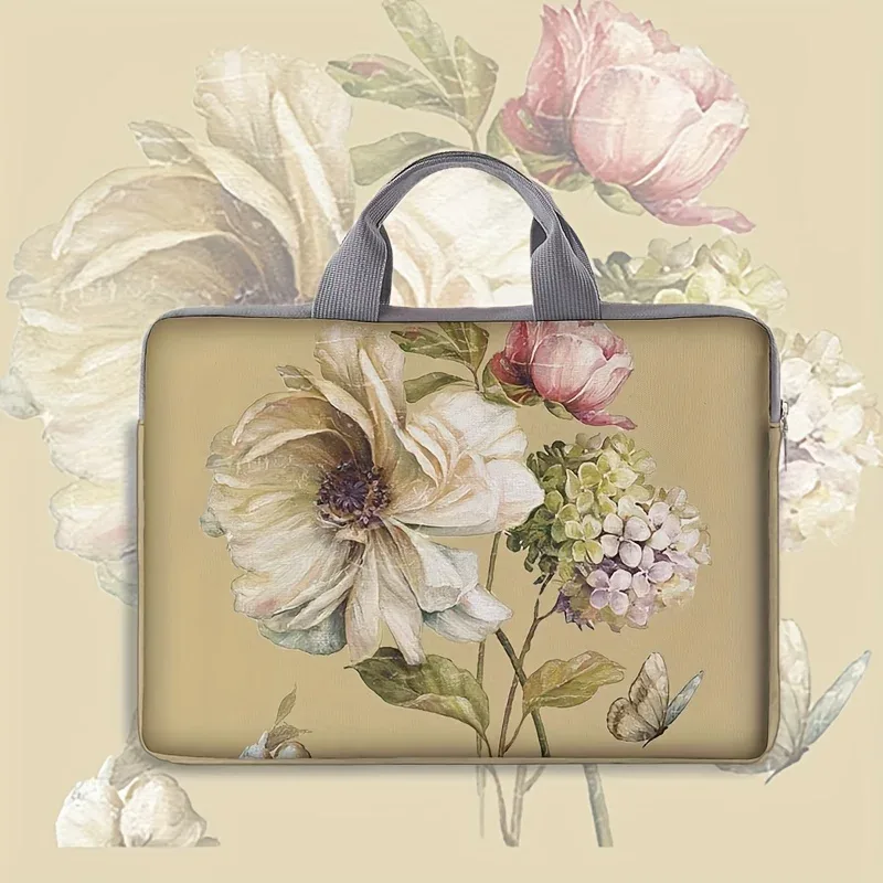 housse polyester motif floral fleurs roses blanches feuilles vertes papillons beige poignée grise protection ordinateur portable voyage