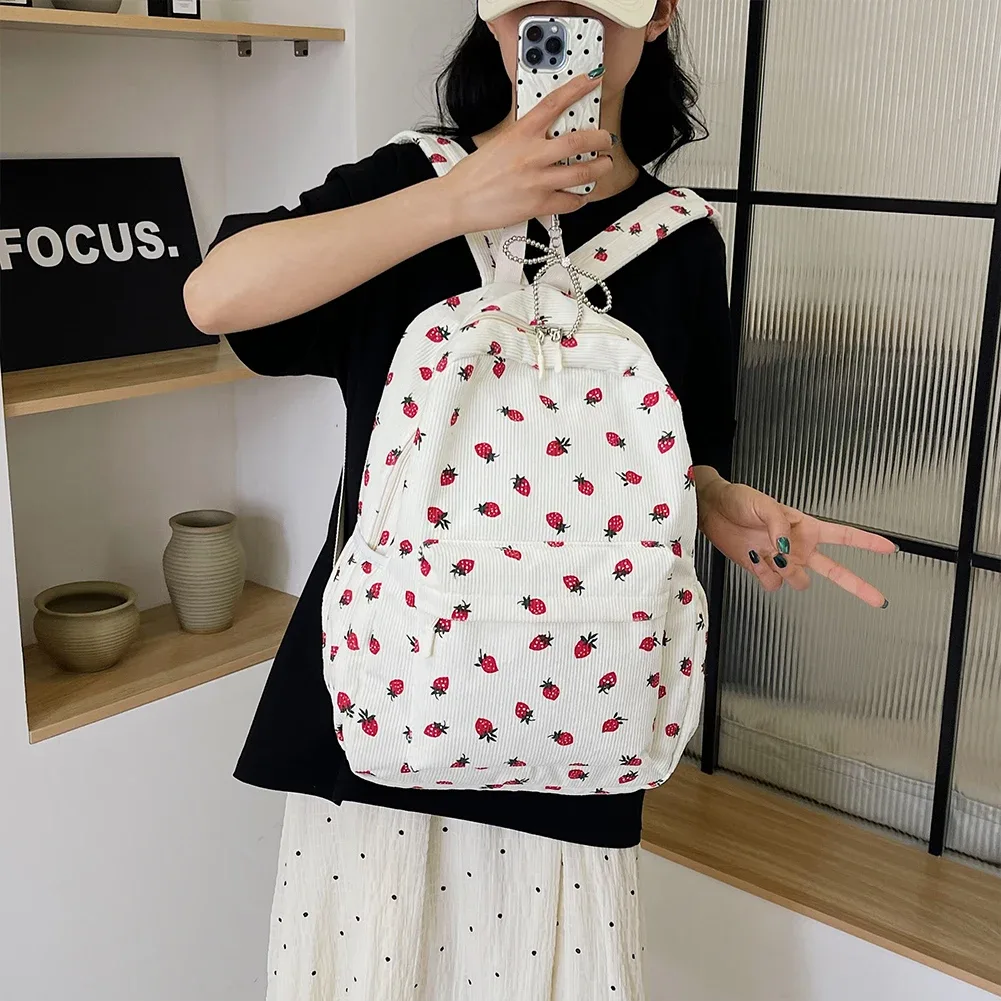 sac à dos en velours côtelé à motif fraise, sac à dos quotidien de grande capacité, sac à livres tendance, multi-poches, sangle réglable pour les voyages en plein air