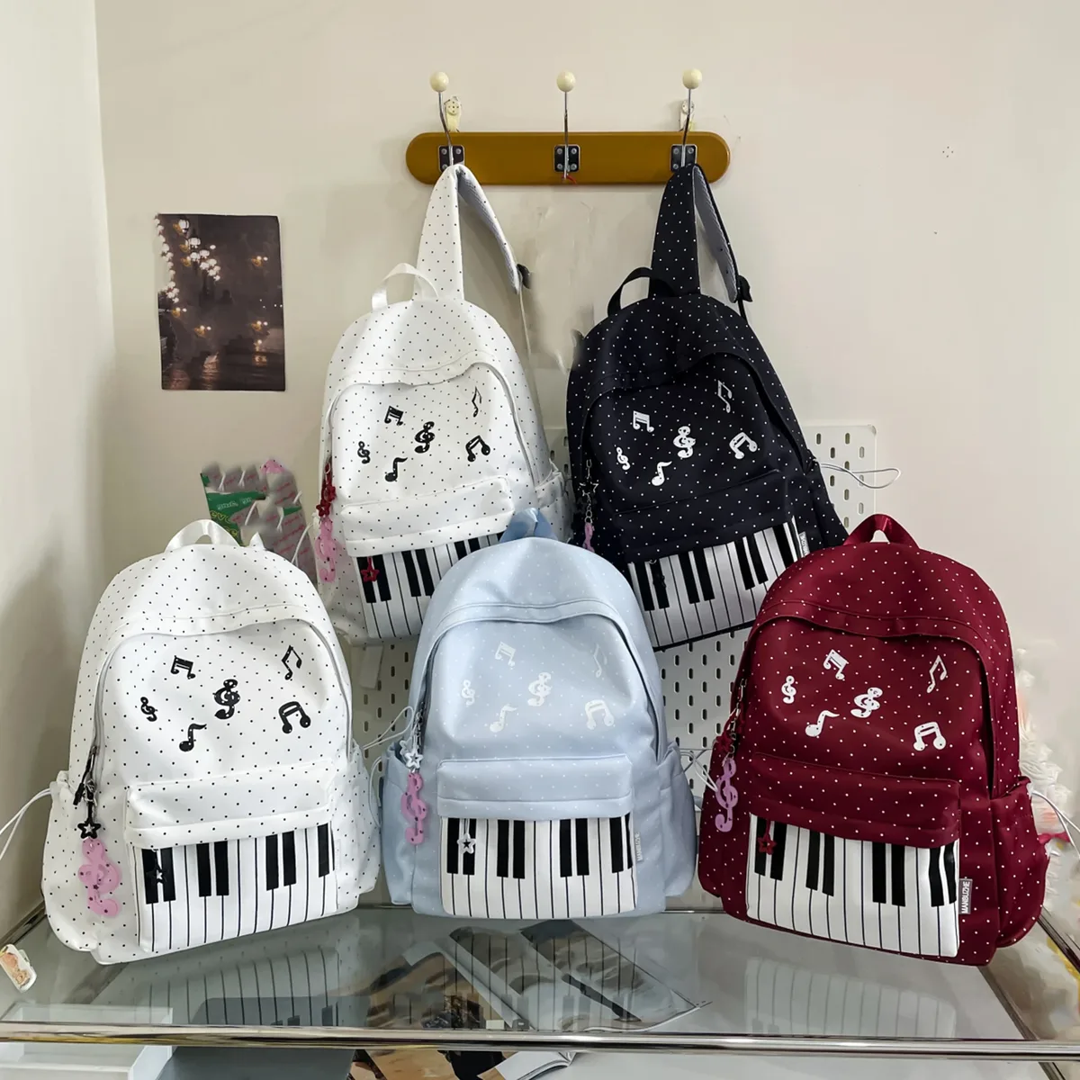 sac à dos à thème piano, sacs à dos élégants pour ordinateur portable, sac à dos décontracté à motif piano, sacs à dos scolaires à pois pour femmes et filles