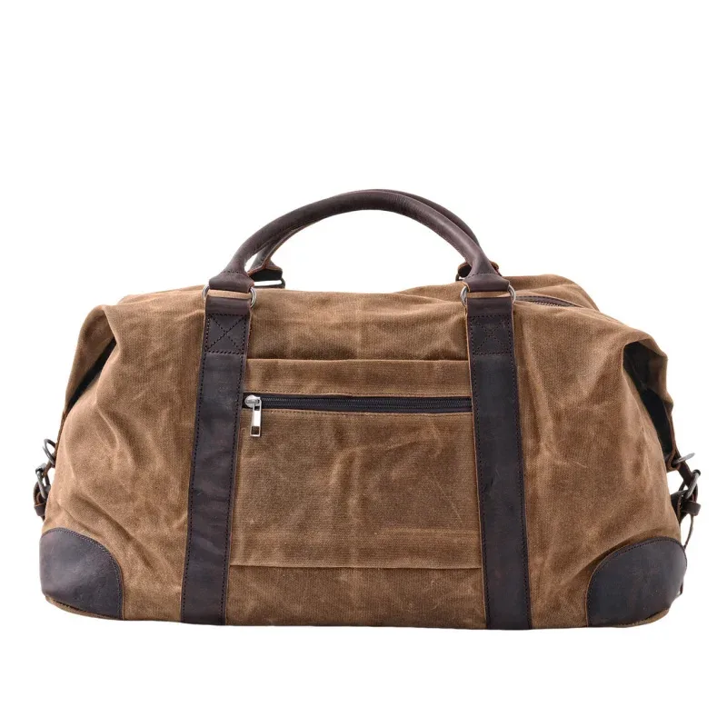 sac de voyage de style rétro européen et américain, fabriqué en toile imperméable cirée et en cuir de vache, grand sac de week-end pour hommes.