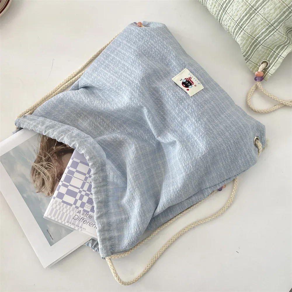 sac à dos d'été pour femmes, sac à dos à deux épaules avec cordon de serrage, sac à dos kawaii pour adolescentes, sac à dos coréen en toile ultra légère à carreaux