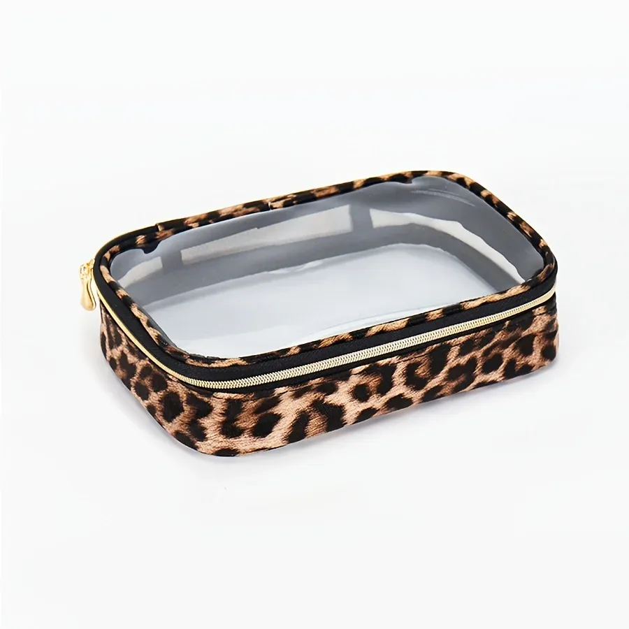 trousse de maquillage transparente à imprimé léopard, trousse cosmétique étanche de grande capacité pour voyage avec fermeture éclair