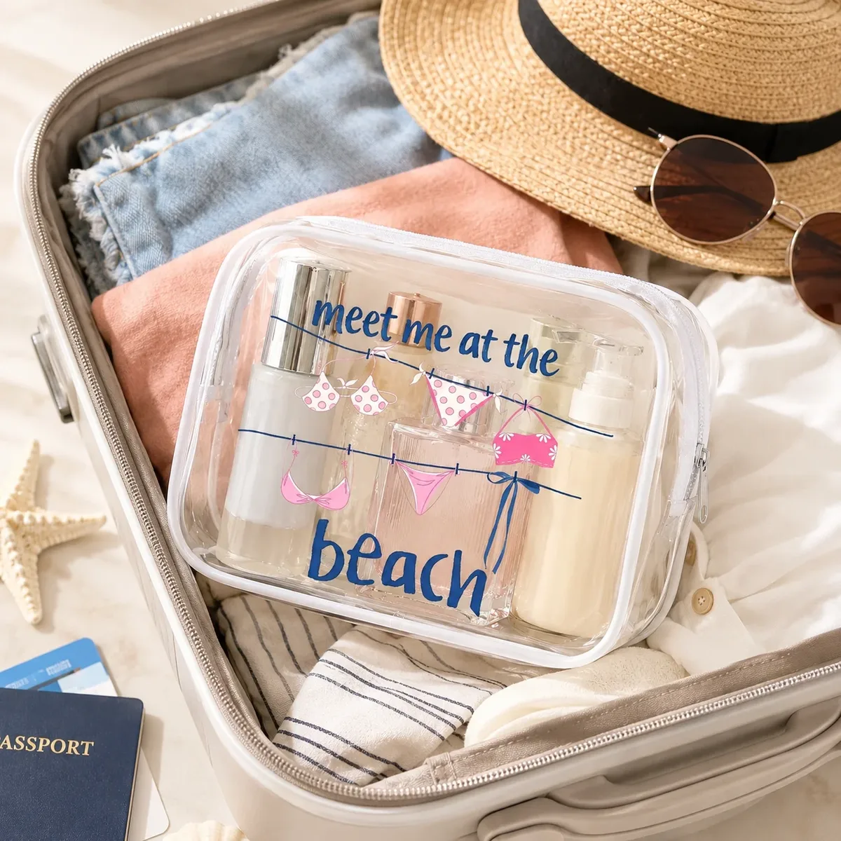 sac cosmétique transparent en pvc, organisateur de toilette, pochette de voyage à motif de plage, sac de rangement transparent, sac à médicaments, étui de beauté