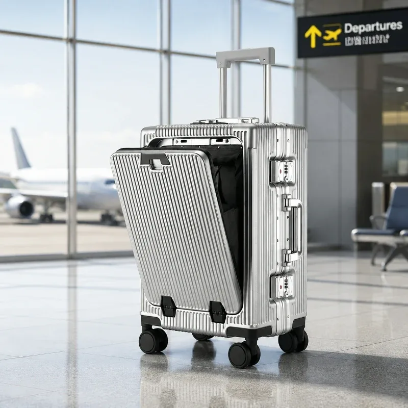 valise à roulettes grande capacité à ouverture frontale de 26 pouces, valise trolley abs+pc, valise avec chargeur usb sur roulettes