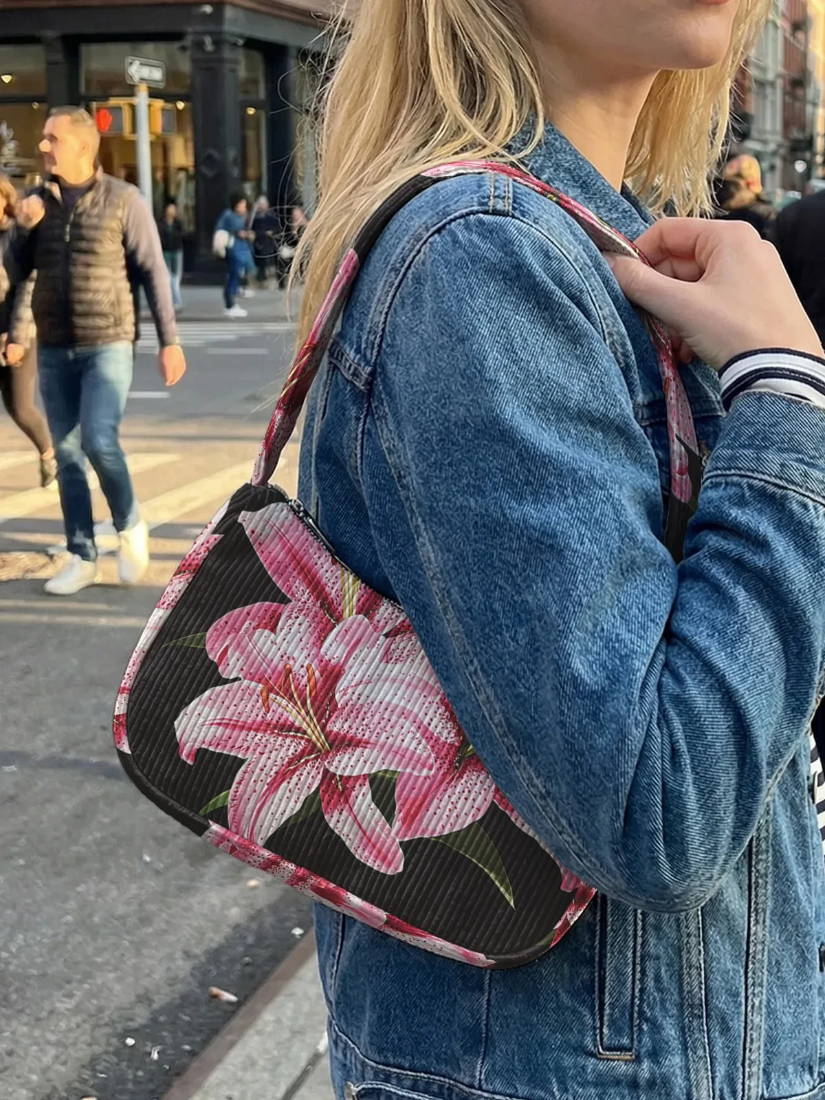 sac à bandoulière tendance à imprimé lys rose, sac sous le bras en velours côtelé noir pour un usage quotidien décontracté