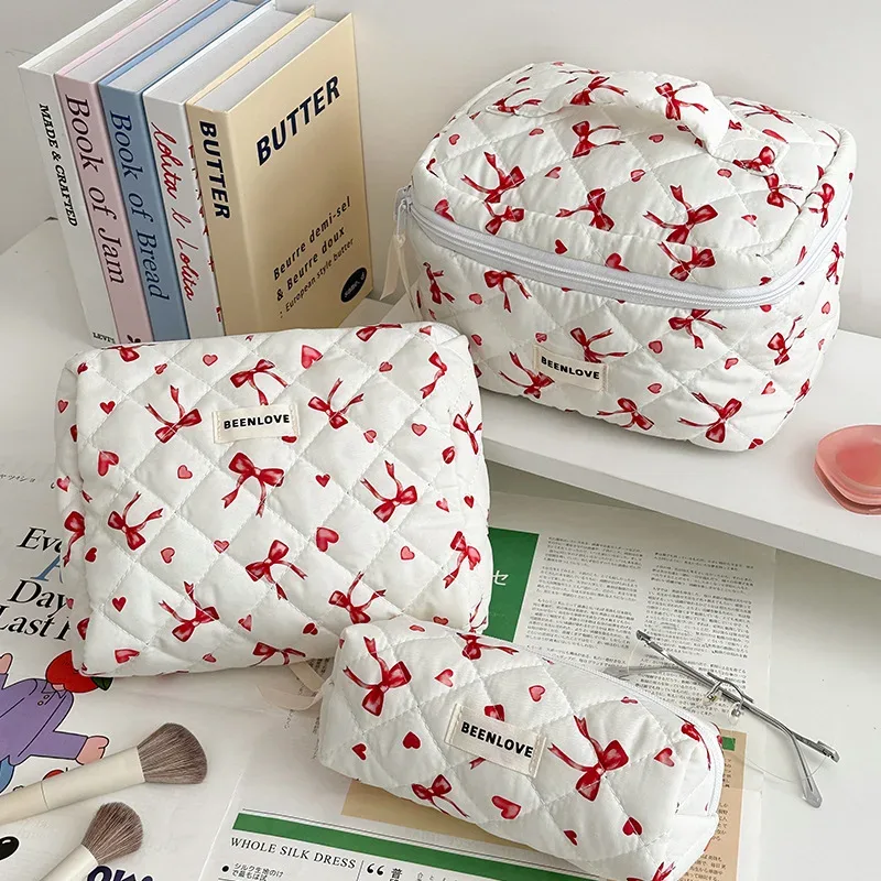 trousse de maquillage de grande capacité, trousse à cosmétiques imprimée de fleurs avec nœud, organisateur de toilette portable à fermeture éclair