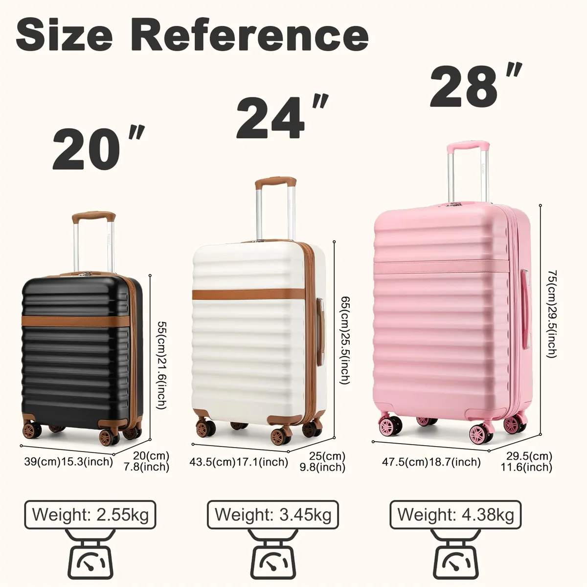 étui rigide kono abs + pc à 4 roues, bagage/valise à main avec chariot à verrouillage tsa (55/65/75 cm)