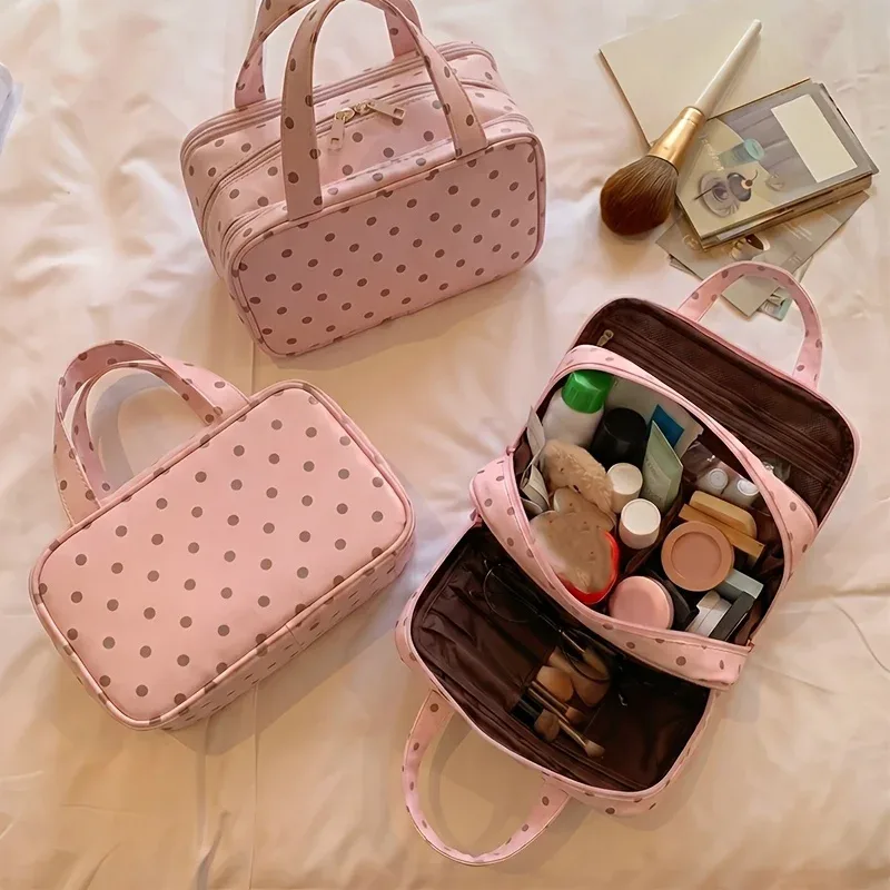 nouvelle trousse de toilette de voyage grande capacité à pois en pu 2026, organisateur de valise suspendu à trois niveaux multi-poches avec poignée robuste