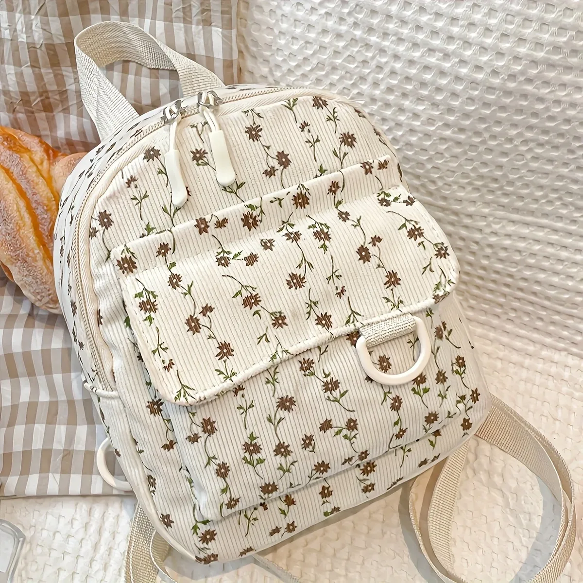 mini sac à dos pour femme avec motif floral marron et ruban en satin couleur café, bretelles réglables et fermeture à glissière – sac à main léger en polyester, adapté aux voyages