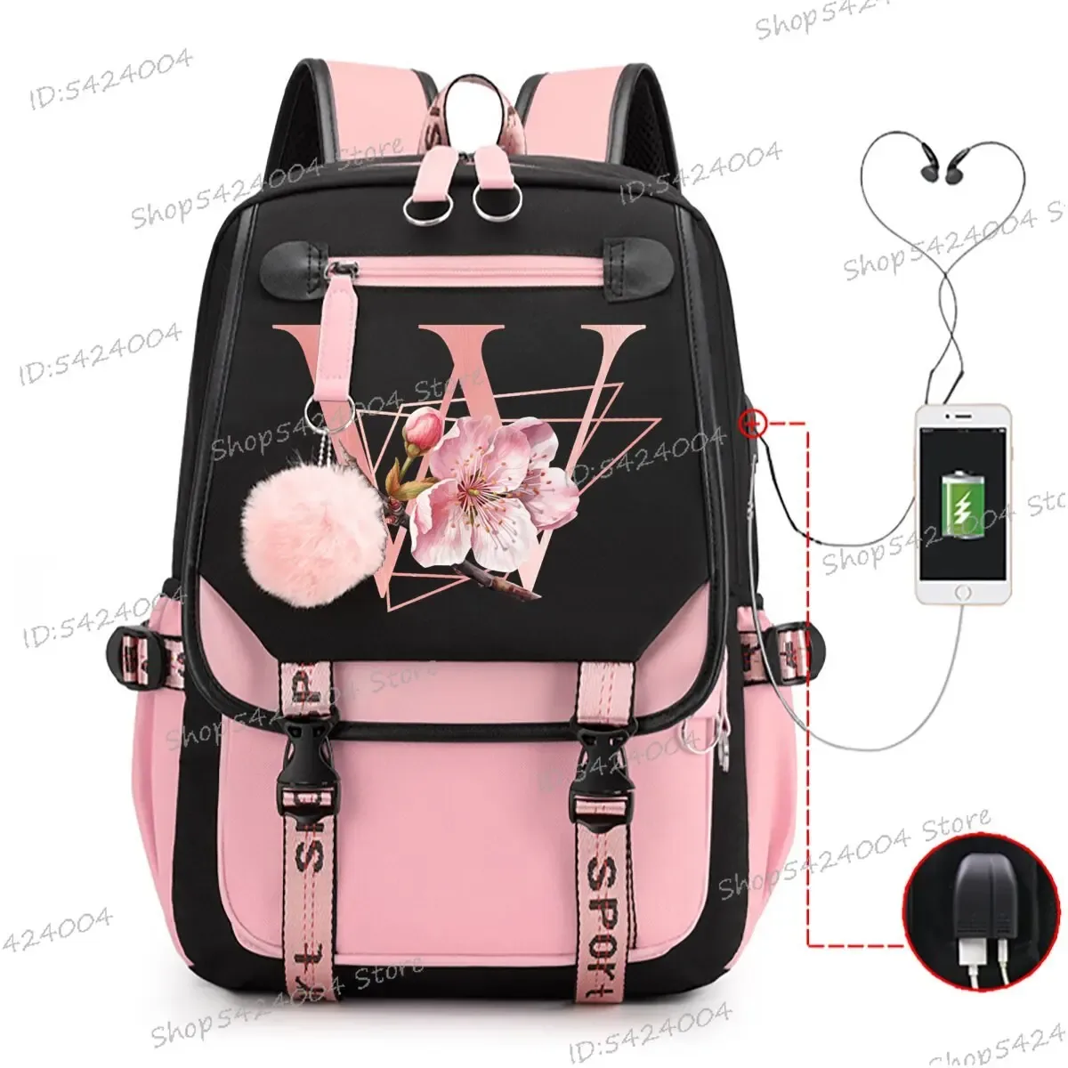 sac dos nylon unisexe rose noir lettre initiale motifs floral personnages voyage adolescents toile interne ordinateur poche fentes compartiments