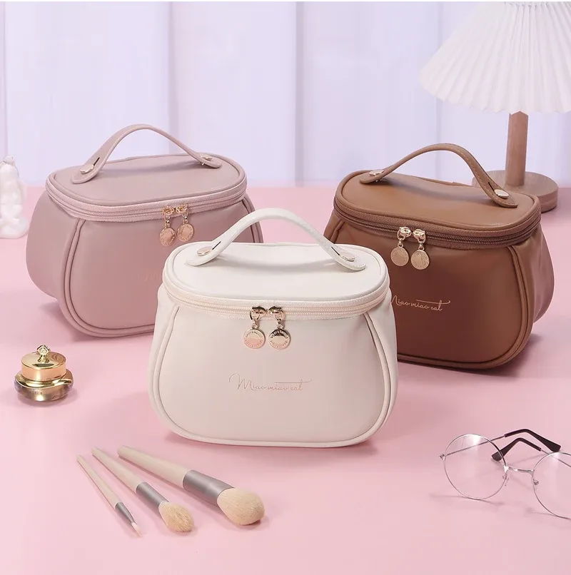 sac de maquillage portable en pu, grande pochette cosmétique imperméable, avec poignées, sac de rangement multifonctionnel pour articles de toilette de voyage