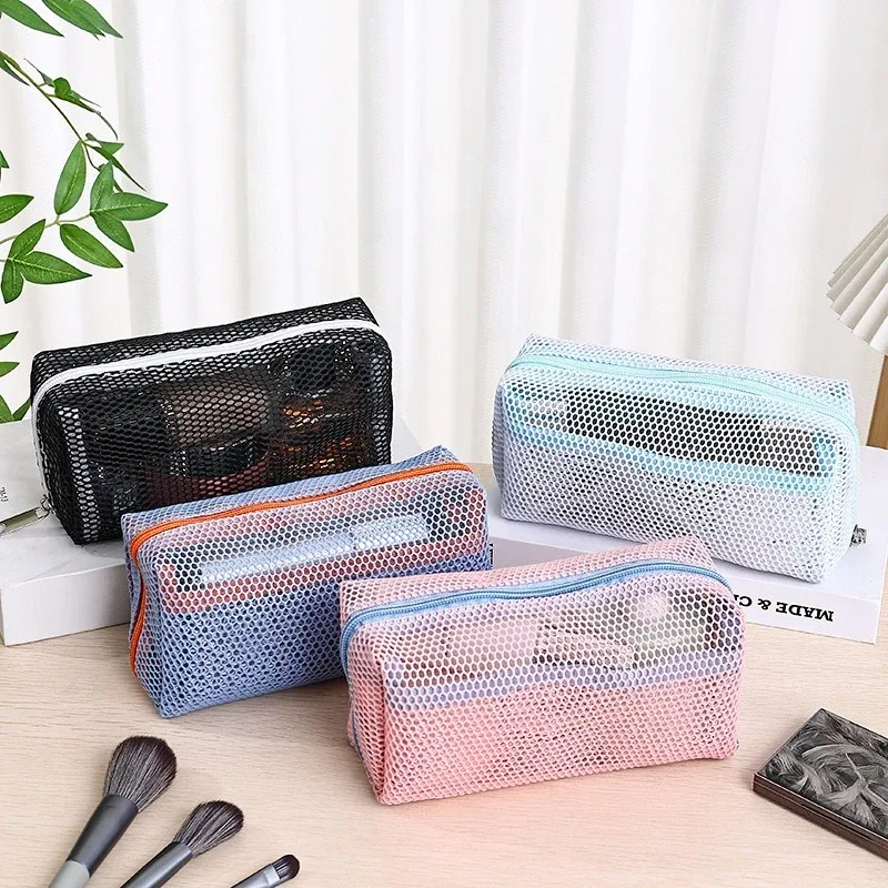 sac à cosmétiques de voyage en maille noire, 1 pièce, sac de maquillage à fermeture éclair pour femmes, trousse de toilette de lavage, organisateur de maquillage, pochette de rangement portable