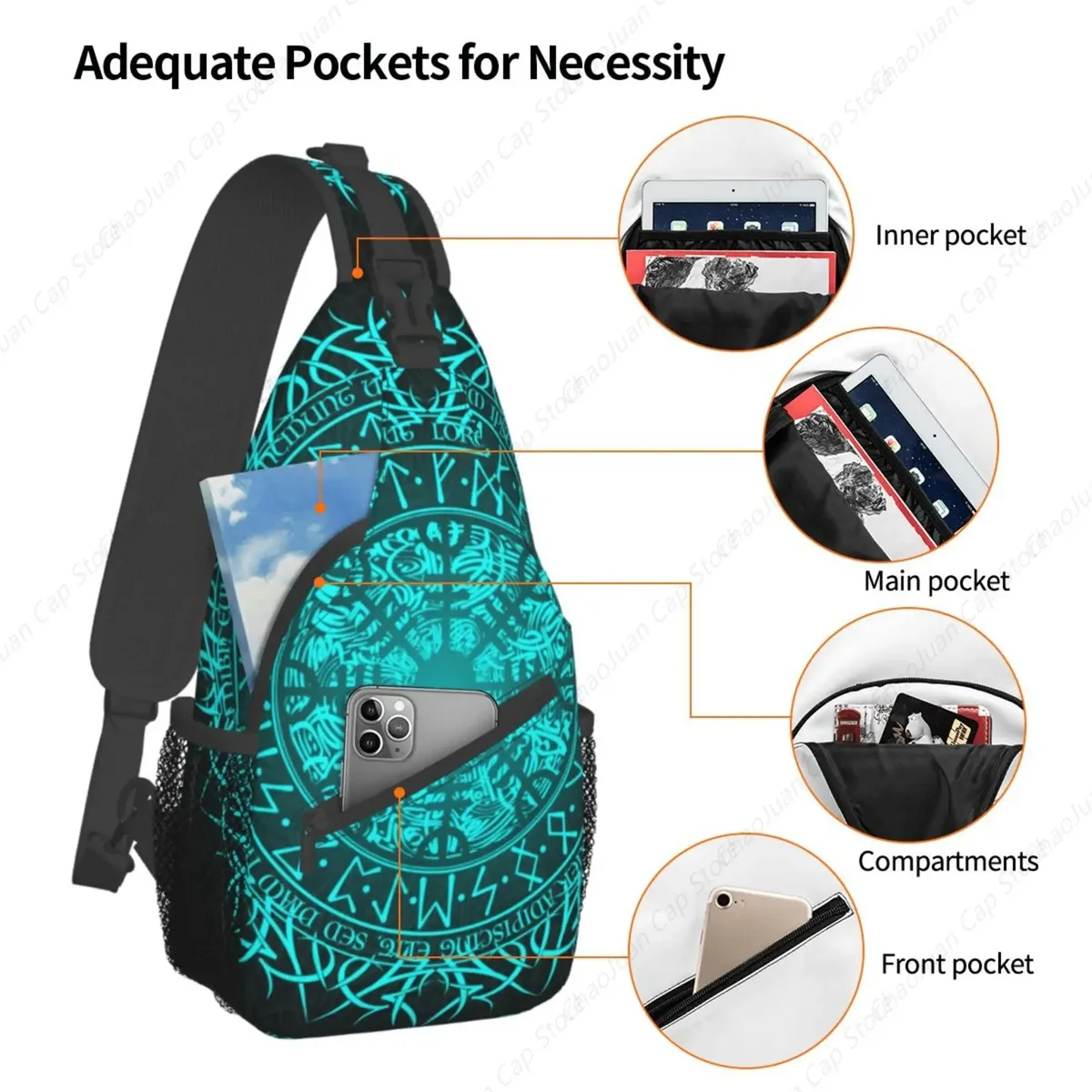 sac dos polyester motif ethnique bleu clair fond noir symboles lettrages stylisés poche principlale avant bandoulière fixation ajustable voyage sport trapézoïdale