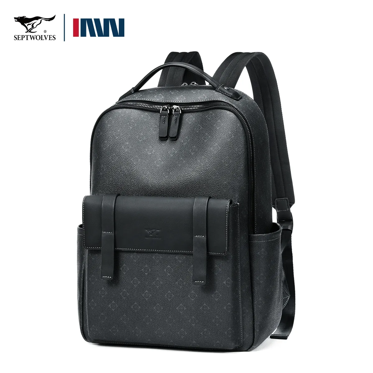septwolves sac à dos en cuir de luxe pour hommes monogramme imprimé élégant sac à dos pour ordinateur portable 15 pouces sac de voyage noir sac à dos d'affaires