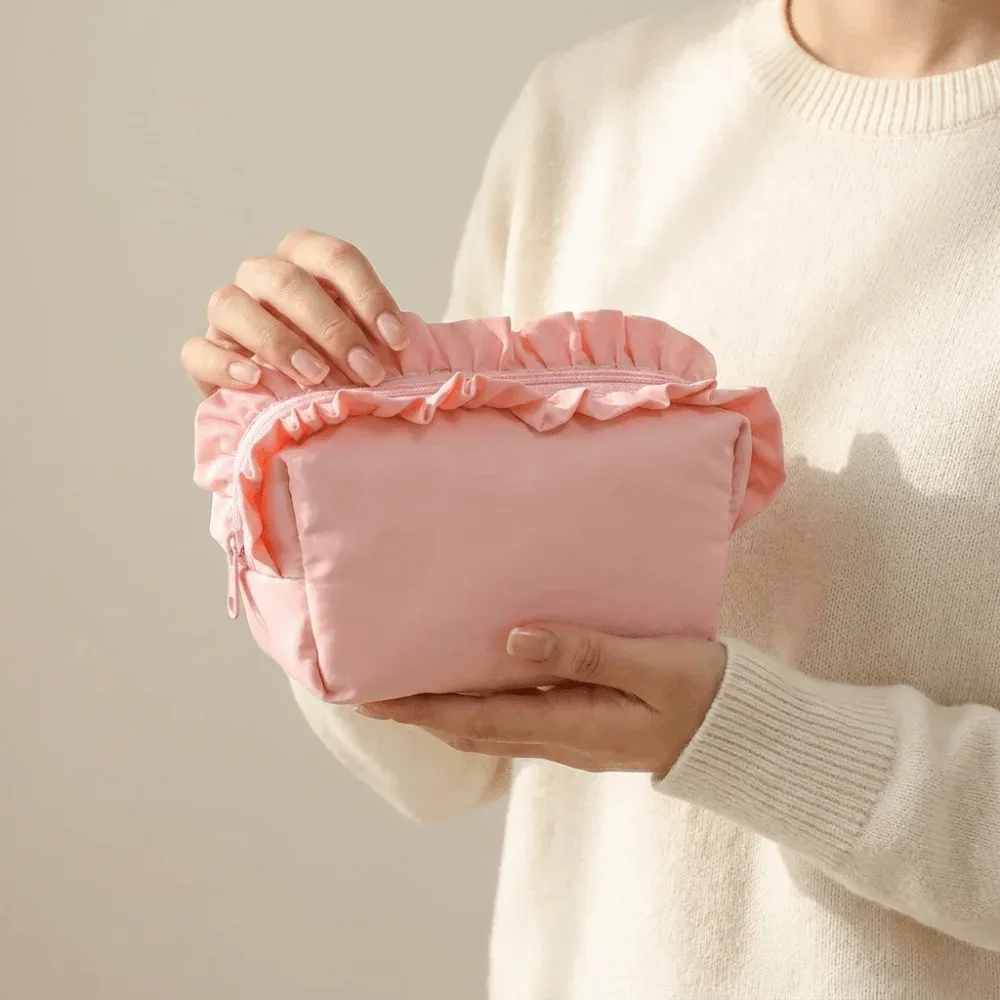 trousse de maquillage unie à volants grande capacité avec fermeture éclair, étui cosmétique en nylon, trousse à crayons, organisateur de toilette pour femme
